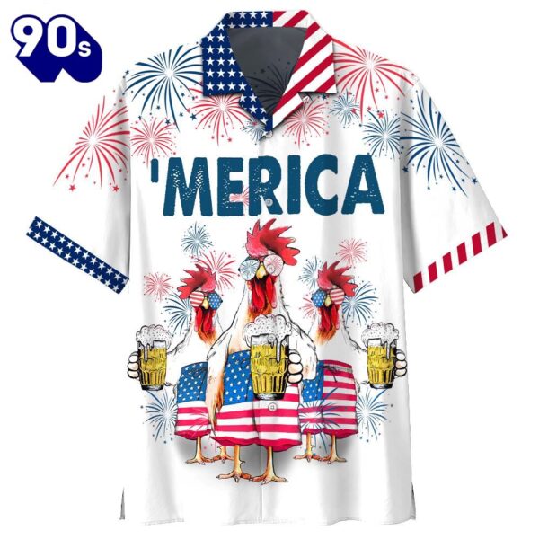 Chicken Beer Merica 4th Of July Patriotic American Flags Aloha  Beach Summer Graphic Prints Button Up Hawaiian Shirt