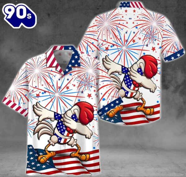 Chicken Dabbing 4th Of July Patriotic American Flags Aloha  Beach Summer Graphic Prints Button Up Hawaiian Shirt