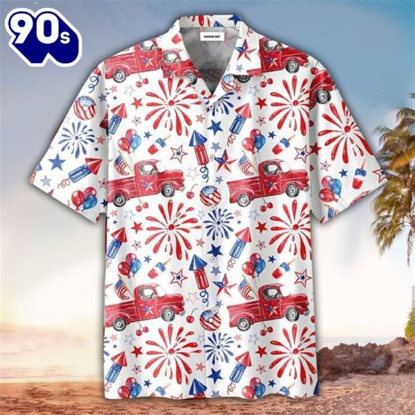 Classic Truck 4th Of July Patriotic American Flags Aloha  Beach Summer Graphic Prints Button Up Hawaiian Shirt