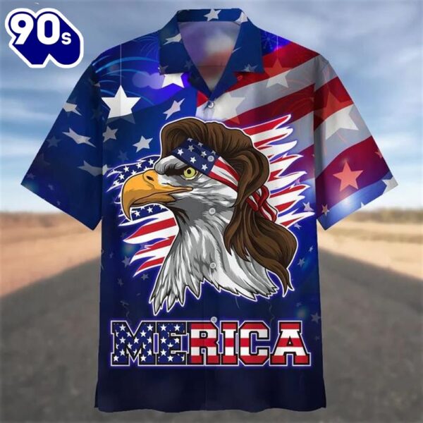 Cool Eagle Blue 4th Of July Patriotic American Flags Aloha  Beach Summer Graphic Prints Button Up Hawaiian Shirt