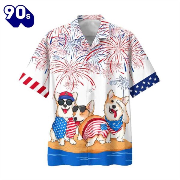 Corgi 4th Of July Patriotic American Flags Aloha  Beach Summer Graphic Prints Button Up Hawaiian Shirt