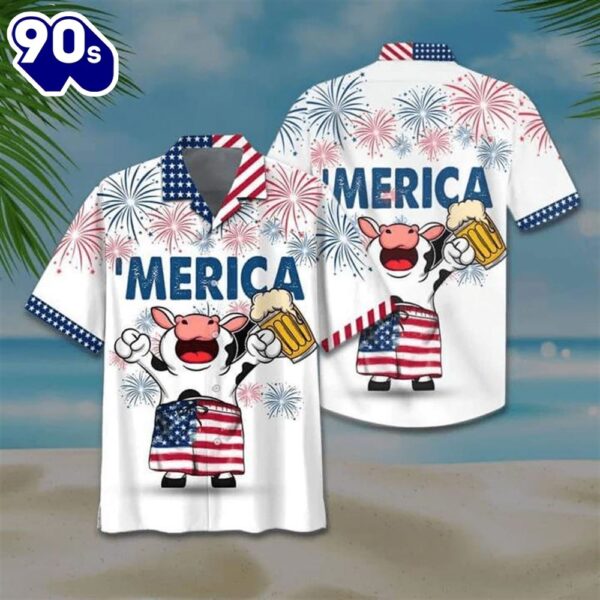 Cow And Beer 4th Of July Patriotic American Flags Aloha  Beach Summer Graphic Prints Button Up Hawaiian Shirt