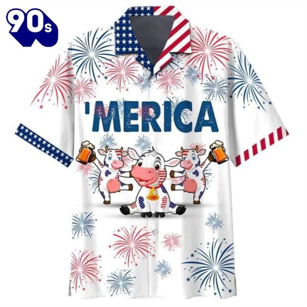 Cows And Beer 4th Of July Patriotic American Flags Aloha  Beach Summer Graphic Prints Button Up Hawaiian Shirt
