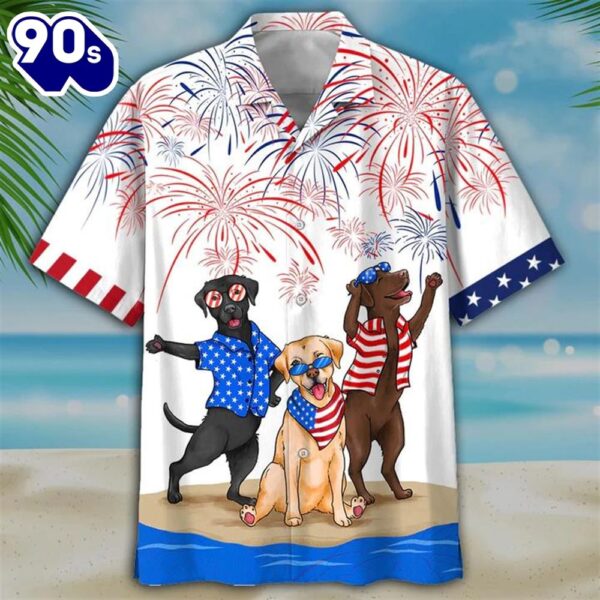 Labrador 4th Of July Patriotic American Flags Aloha  Beach Summer Graphic Prints Button Up Hawaiian Shirt