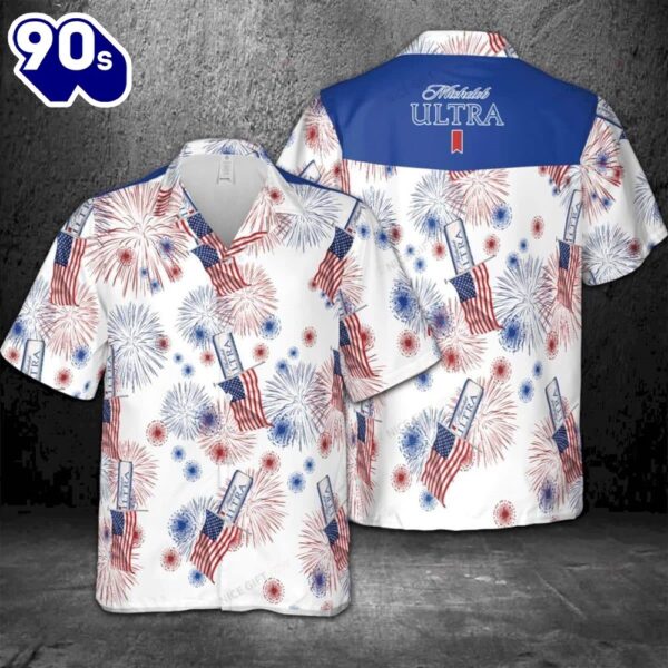 Michelob Ultra Beer 4th Of July Patriotic American Flags Aloha  Beach Summer Graphic Prints Button Up Hawaiian Shirt