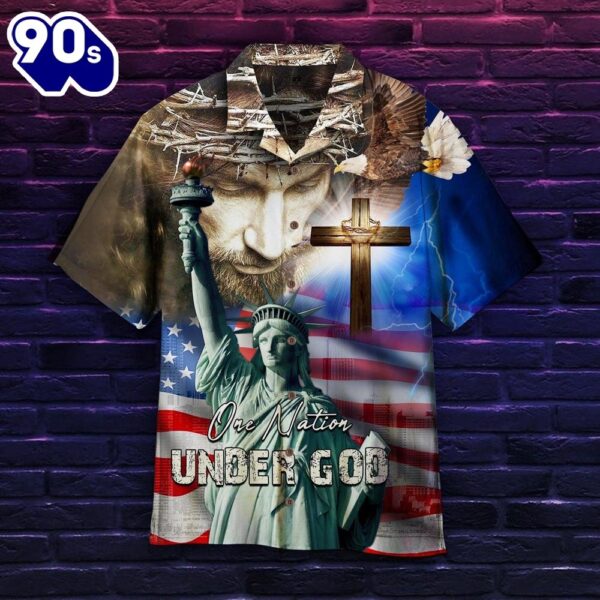 One Nation Under God 4th Of July Patriotic American Flags Aloha  Beach Summer Graphic Prints Button Up Hawaiian Shirt