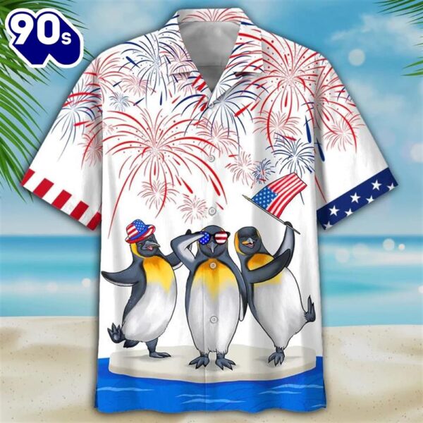Penguins 4th Of July Patriotic American Flags Aloha  Beach Summer Graphic Prints Button Up Hawaiian Shirt