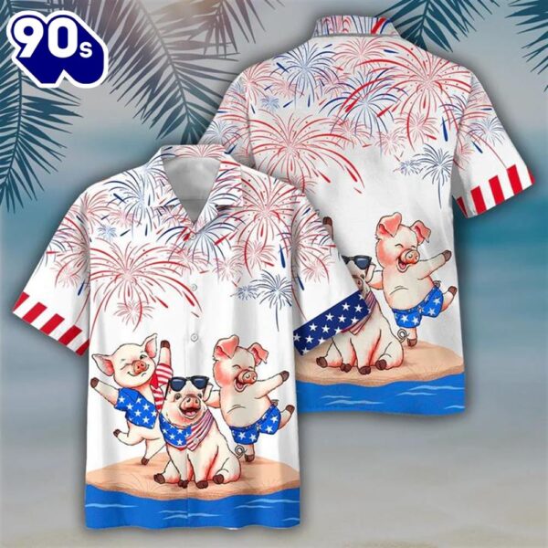 Pig Fireworks 4th Of July Patriotic American Flags Aloha  Beach Summer Graphic Prints Button Up Hawaiian Shirt