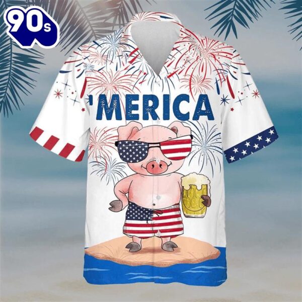 Pig Merica 4th Of July Patriotic American Flags Aloha  Beach Summer Graphic Prints Button Up Hawaiian Shirt