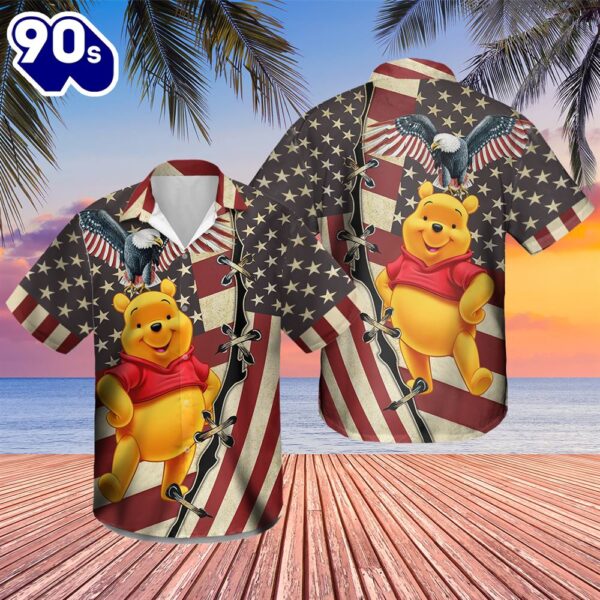 Pooh Bear Disney Winnie The Pooh 4th Of July Patriotic American Flags Aloha  Beach Summer Graphic Prints Button Up Hawaiian Shirt