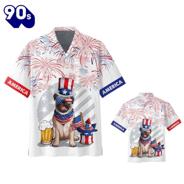 Pug And Beer 4th Of July Patriotic American Flags Aloha  Beach Summer Graphic Prints Button Up Hawaiian Shirt