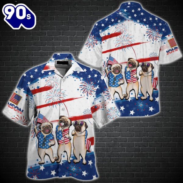 Pug Dog 4th Of July Patriotic American Flags Aloha  Beach Summer Graphic Prints Button Up Hawaiian Shirt