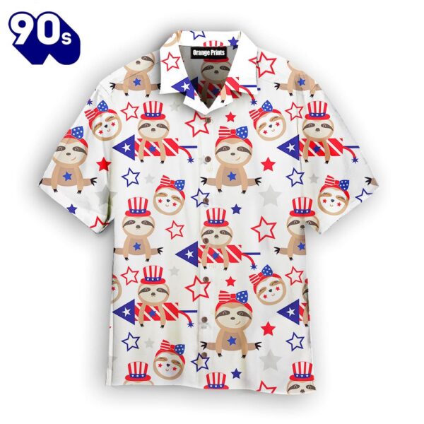 Sloth 4th Of July Patriotic American Flags Aloha  Beach Summer Graphic Prints Button Up Hawaiian Shirt