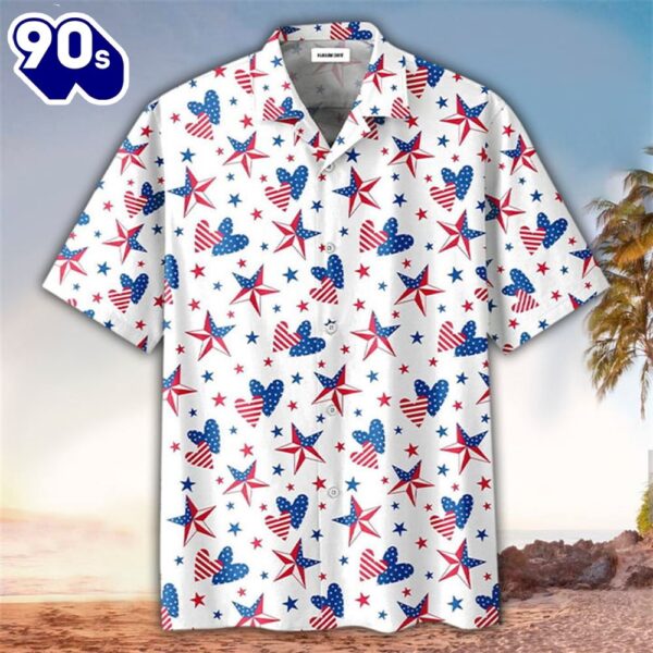 Stars Hearts 4th Of July Patriotic American Flags Aloha  Beach Summer Graphic Prints Button Up Hawaiian Shirt