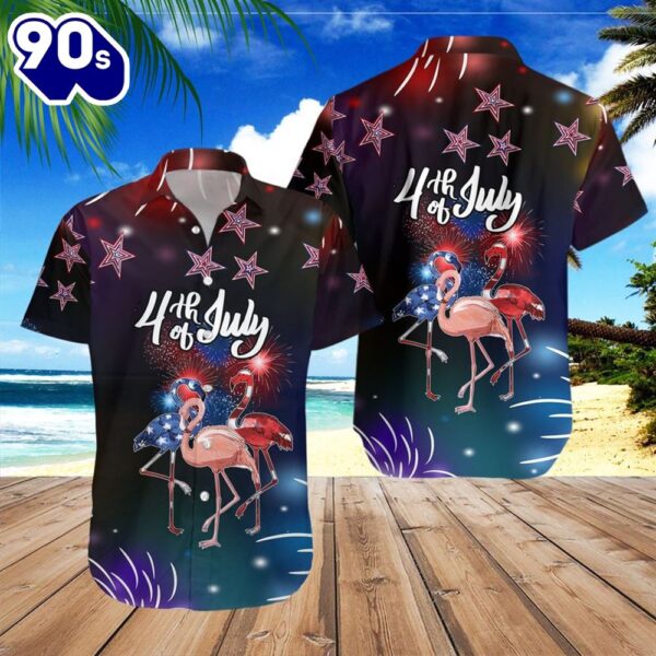 Three Flamingos 4th Of July Patriotic American Flags Aloha  Beach Summer Graphic Prints Button Up Hawaiian Shirt