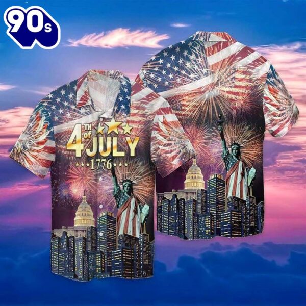 US City View 4th Of July Patriotic American Flags Aloha  Beach Summer Graphic Prints Button Up Hawaiian Shirt