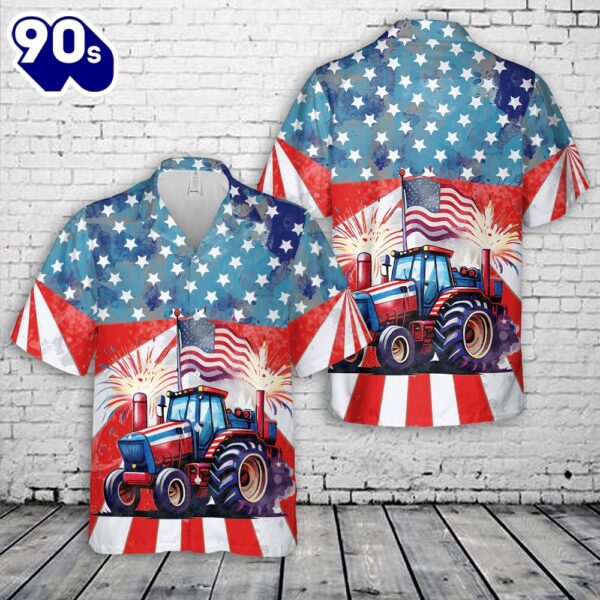 4th July Farm Tractor American Flag Fireworks Hawaiian Shirt