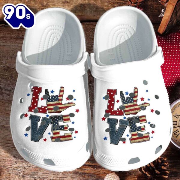 American Flag Love Sign Language 4Th Of July Crocband Clogs