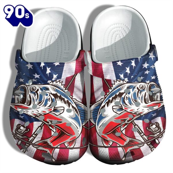 Bass Fishing Camping 4Th Of July Shoes Gift Men- Hook Fishing Sea Beach America Flag Shoes Gift Father Day