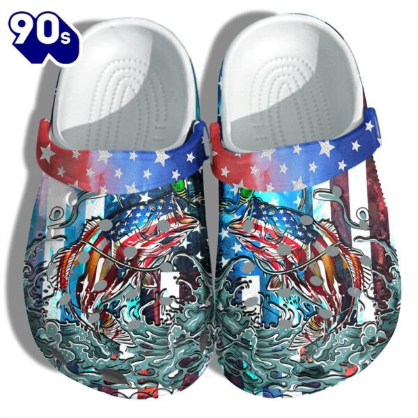 Bass Fishing Ocean America Flag Shoes Gift Step Dad – Hook Fishing Beach Camping 4Th Of July Shoes Gift Father Day