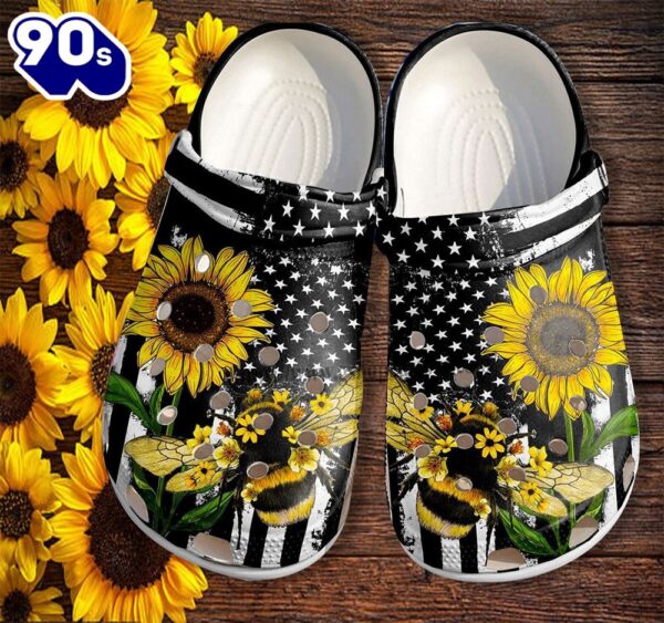 Bee Sunflower America Flag Shoes Gift Women Mother Day- 4Th Of July Bee Kind Shoes Croc Clogs