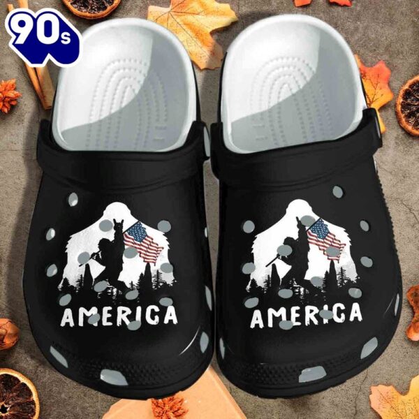 Bigfoot Holding Flag Shoes 4Th Of July America Black Gift For Lover Rubber clog Shoes Comfy Footwear