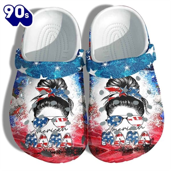 Mama America 4Th Of July Shoes Gift Women – Messy Bun Lady Mom America Flag Twinkle Mother Shoes Thanksgiving Gift