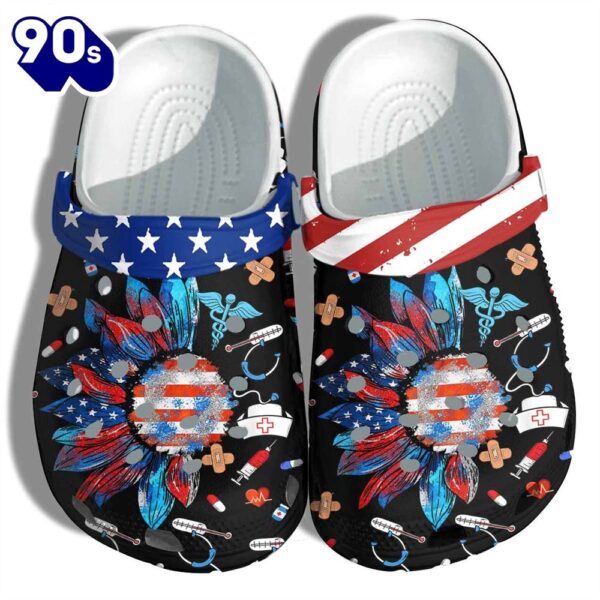Nurse Sunflower 4Th Of July Black Croc Shoes Gift Step Mom- Nurse Life America Flag Us Doctor Shoes Labor Day Gift
