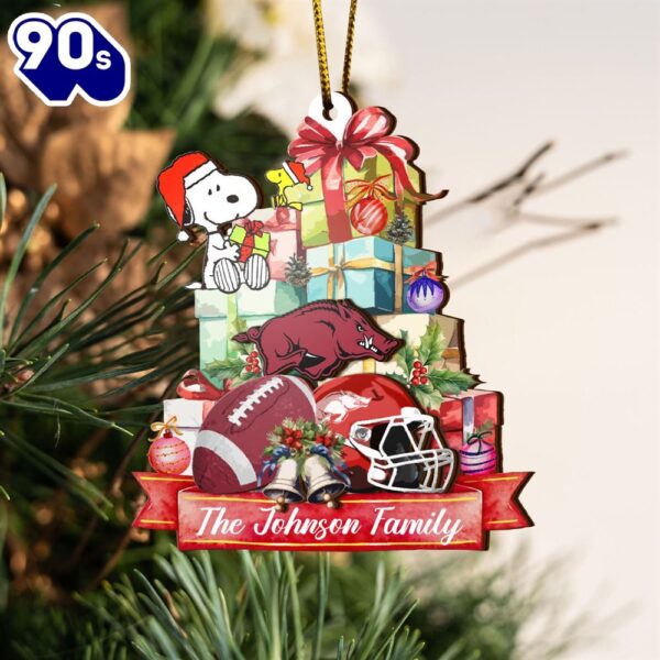 Arkansas Razorbacks And Snoopy Christmas NCAA Ornament Custom Your Family Name