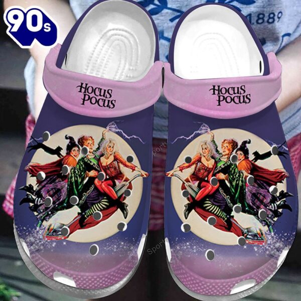 Funny Purple Hocus Pocus On Broom Halloween Clogs Shoes