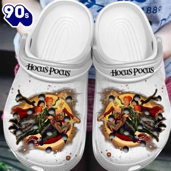 Funny White Hocus Pocus Witches On Broom Halloween Clogs Shoes