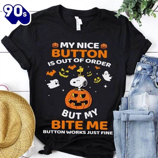 Happy Halloween Snoopy Disney My Nice Button Is Out Of Order Funny Black T Shirt