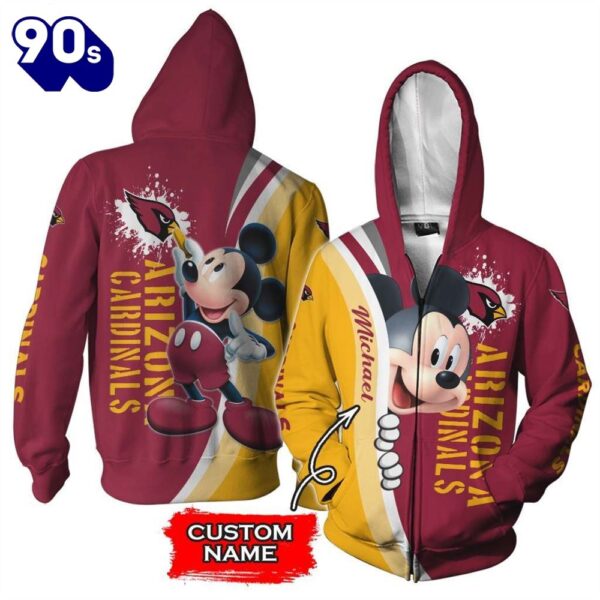 Personalized Arizona Cardinals Mickey Mouse All Over Print 3D Zip Hoodie