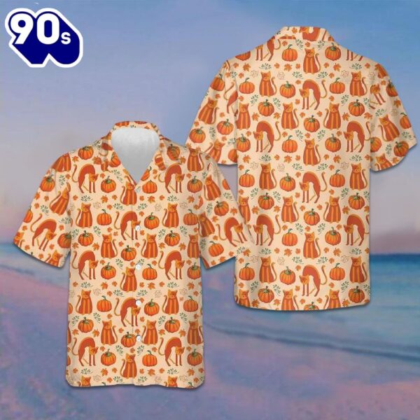 Pumpkin And Cats Hawaiian Shirt Thanksgiving Button Up Shirt Gifts For Cat Lovers