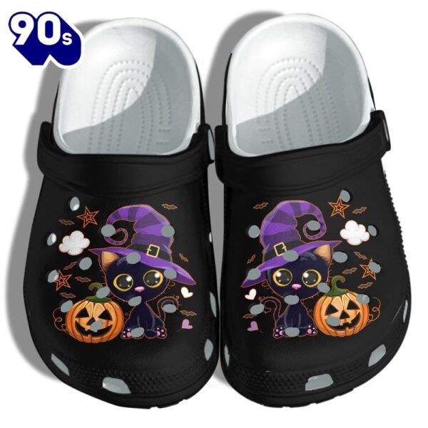 Black Cat And Pumpkin Halloween Shoes Clog Birthday Gift For Boy Girl