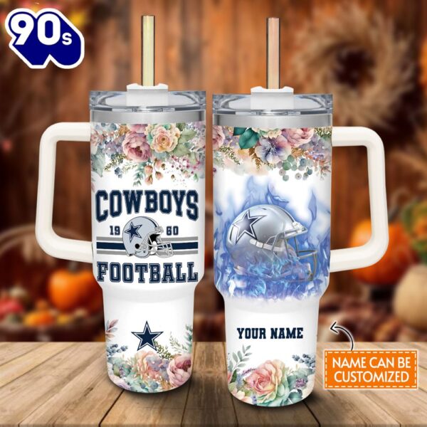 Custom Name Cowboys Helmet Flame Pattern 40oz Stainless Steel Tumbler