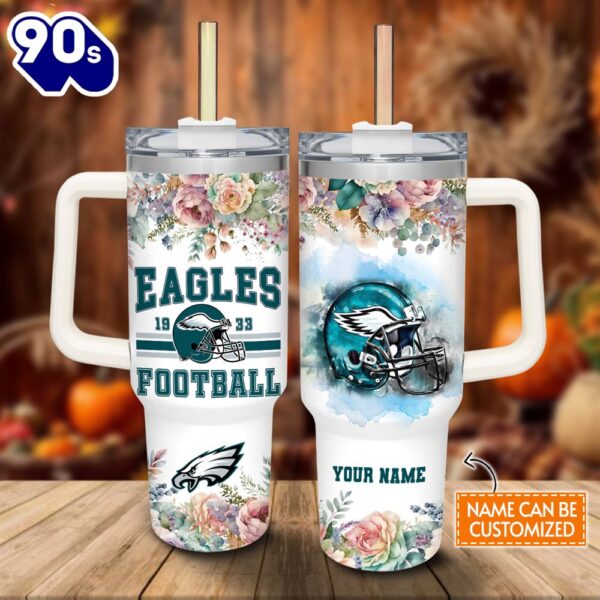 Custom Name Eagles Helmet Flame Pattern 40oz Stainless Steel Tumbler