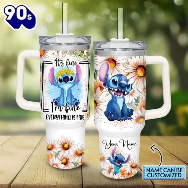 Custom Name Everything Is Fine Stitch Daisy Flower Pattern 40oz Stainless Steel Tumbler