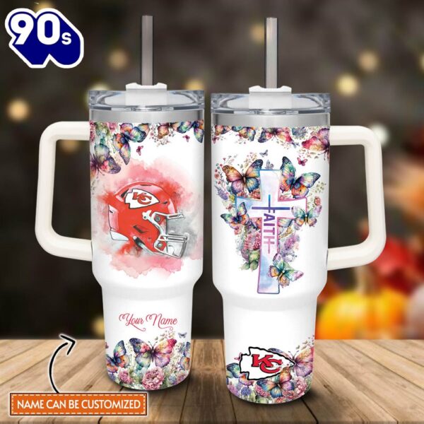 Custom Name Faith In Chiefs Flower Butterflies Pattern 40oz Stainless Steel Tumbler