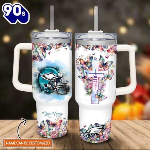 Custom Name Faith In Eagles Flower Butterflies Pattern 40oz Stainless Steel Tumbler