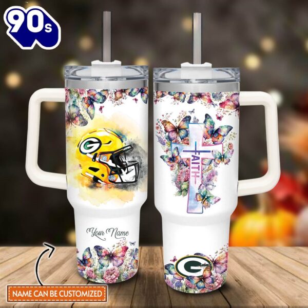 Custom Name Faith In Packers Flower Butterflies Pattern 40oz Stainless Steel Tumbler