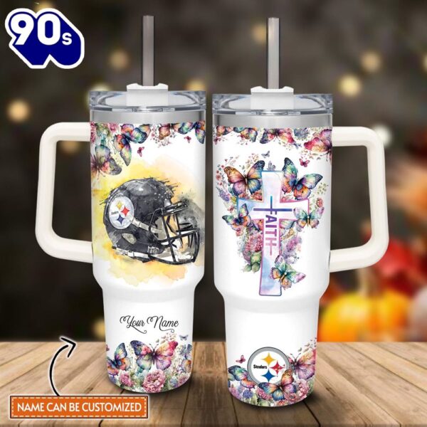 Custom Name Faith In Steelers Flower Butterflies Pattern 40oz Stainless Steel Tumbler