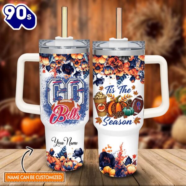 Custom Name Go Bills Tis The Season Flower Pattern 40oz Stainless Steel Tumbler