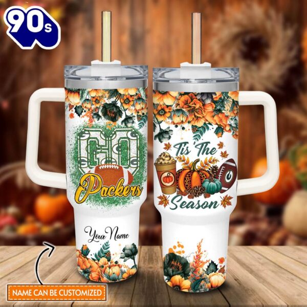 Custom Name Go Packers Tis The Season Flower Pattern 40oz Stainless Steel Tumbler