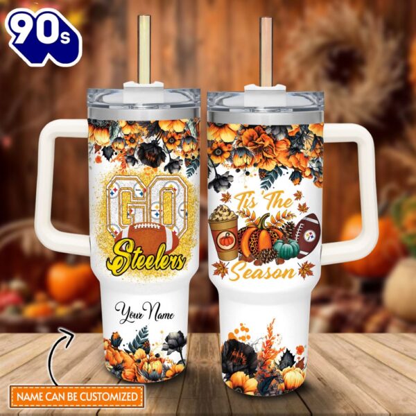 Custom Name Go Steelers Tis The Season Flower Pattern 40oz Stainless Steel Tumbler