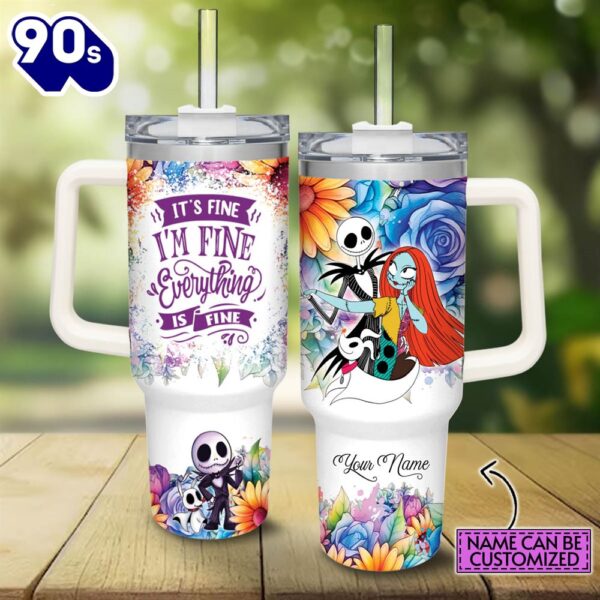 Custom Name It’s Fine I’m Fine Jack Skellington Colorful Flower Pattern 40oz Stainless Steel Tumbler