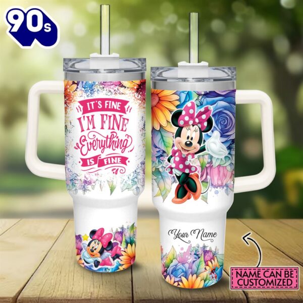 Custom Name It’s Fine I’m Fine Minnie Mouse Colorful Flower Pattern 40oz Stainless Steel Tumbler