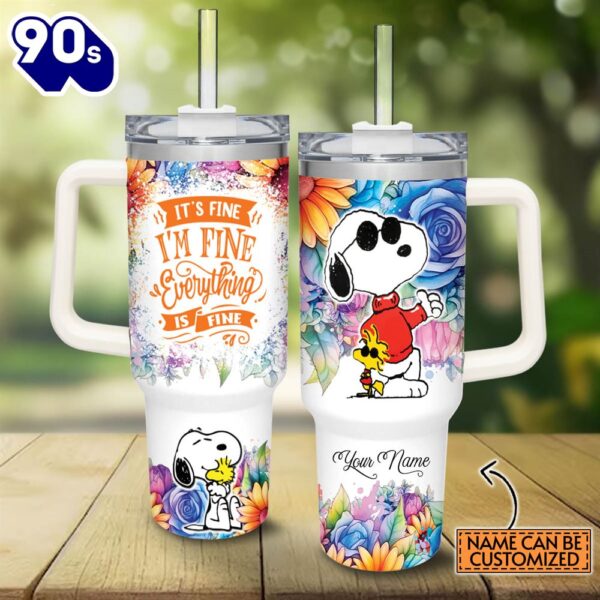 Custom Name It’s Fine I’m Fine Snoopy Colorful Flower Pattern 40oz Stainless Steel Tumbler