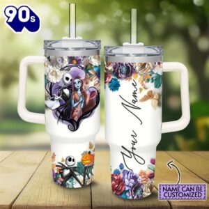 Custom Name Jack Skellington 3d Colorful Flower Sublimation Pattern 40oz Tumbler