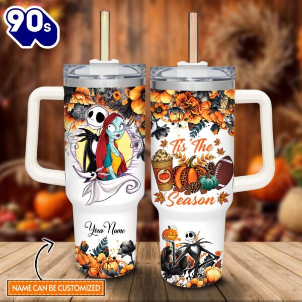 Custom Name Jack Skellington Tis The Season Fall Leaf Pattern 40oz Stainless Steel Tumbler